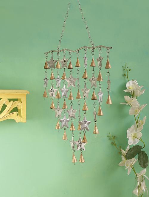 home sparkle stars wind chime with bells scone home garden wall hanging mild steel (golden and silver) (49 x 6 x 72 cm) - 15930906 - Very Small Image - 1