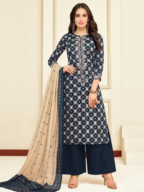 blue chanderi cotton unstitched suit - 15931057 - Very Small Image - 1