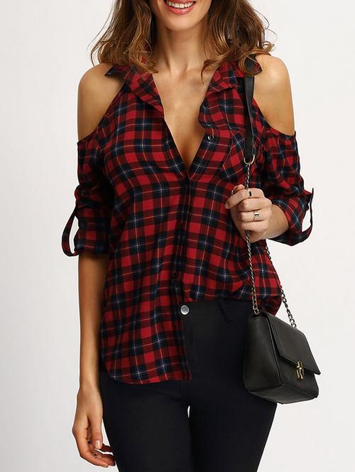 cold shoulder tartan shirt - 15931131 - Very Small Image - 1