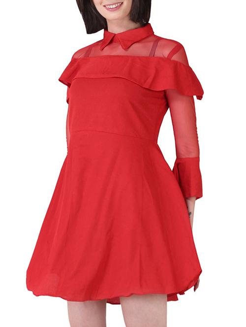 sheer paneled ruffle detail flared dress - 15933104 - Very Small Image - 1