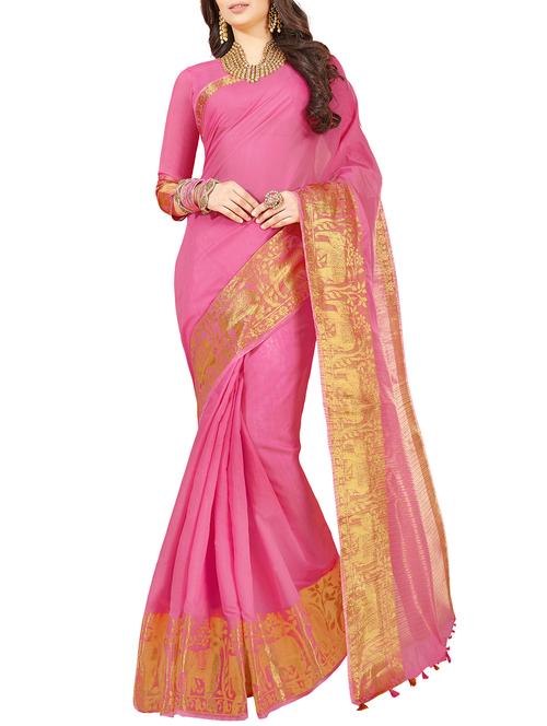 conversational zari border pink kanjivaram saree with blouse - 15933394 - Very Small Image - 1
