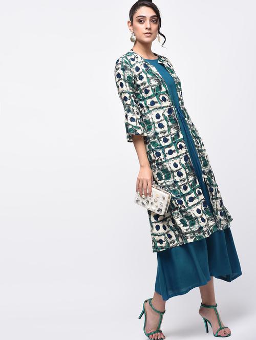 layered printed bell sleeved dress with jacket - 15933706 - Very Small Image - 1