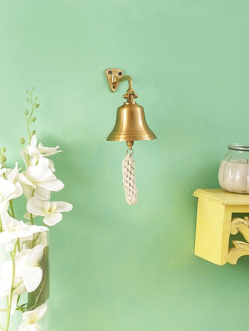 brass golden hanging rope bell temple bell indian pooja bell wall hanging - 15934968 - Very Small Image - 1