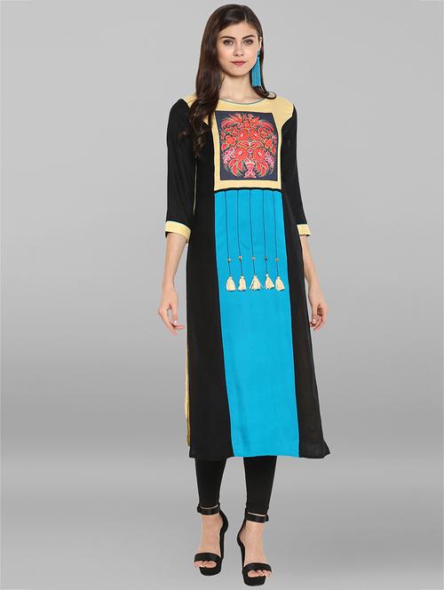 color block straight kurta with tassels - 15935905 - Very Small Image - 1