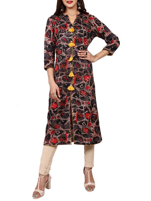 printed a-line kurta with tassels - 15936235 - Very Small Image - 1