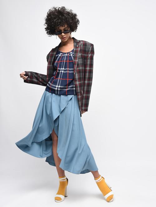 pleated neck checkered blouson top - 15936515 - Very Small Image - 1