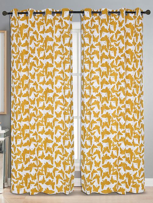 cotton yellow butterfly printed eyelet curtain set - 15936776 - Very Small Image - 1