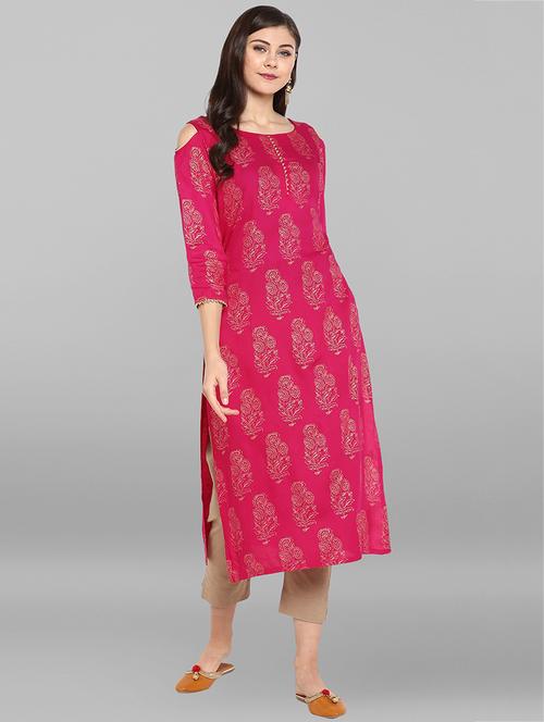fuchsia foil printed kurta with pant set - 15937004 - Very Small Image - 1
