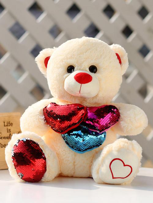sequin heart cream color teddy bear - 15937831 - Very Small Image - 1