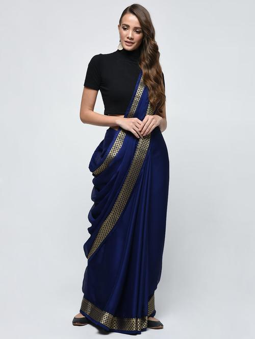 zari border navy blue saree with blouse - 15940658 - Very Small Image - 1