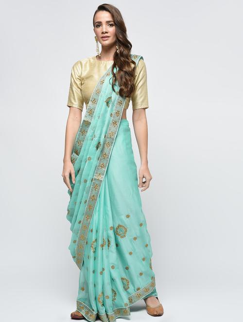 floral embroidered turquoise saree with blouse - 15940683 - Very Small Image - 1