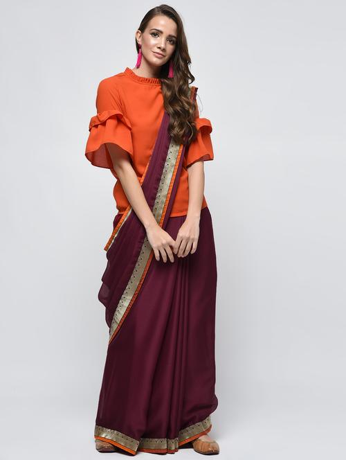 zari lace border burgundy saree with blouse - 15940688 - Very Small Image - 1
