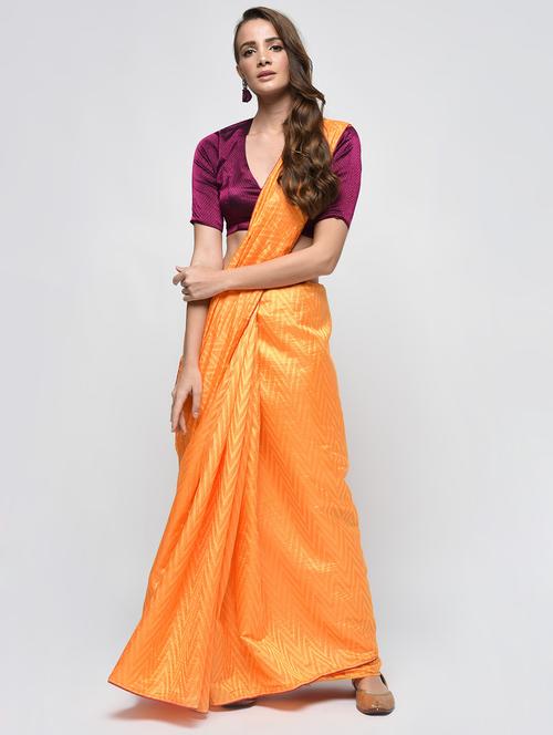chevron motif orange woven saree with blouse - 15940837 - Very Small Image - 1