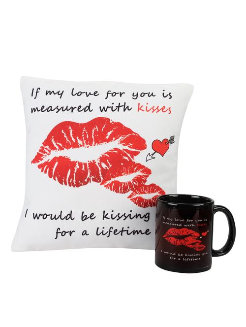 one 12x12 inch white kiss cushion, one black kiss mug. - 15941828 - Very Small Image - 1