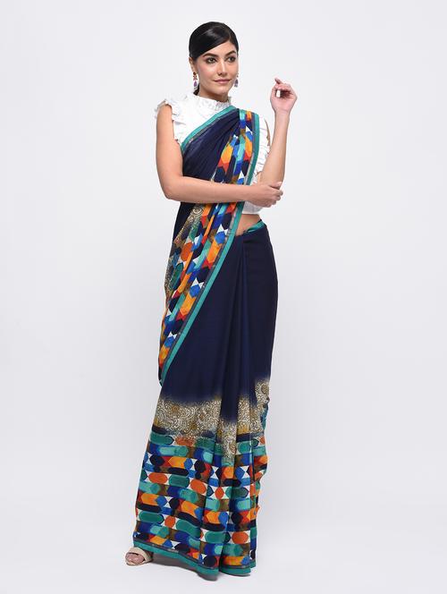 geometric printed saree with blouse - 15942041 - Very Small Image - 1