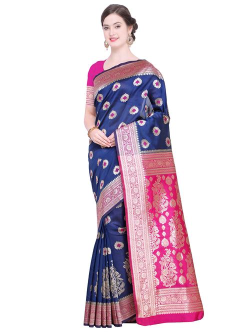 floral zari motif navy blue kanjivaram saree - 15942391 - Very Small Image - 1