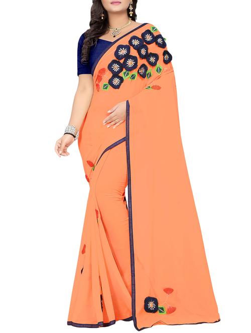 floral patchwork orange saree with blouse - 15943768 - Very Small Image - 1