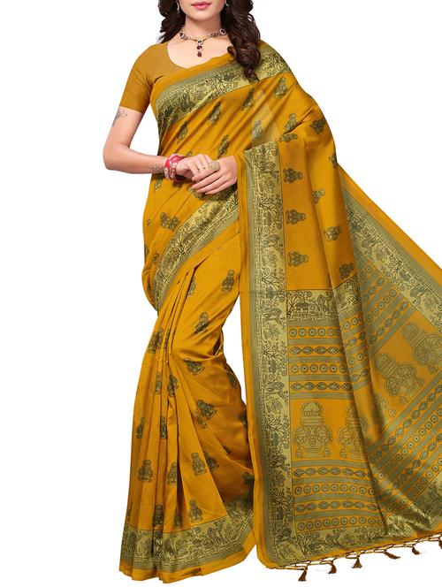 conversational printed mustard mysore silk saree - 15944574 - Very Small Image - 1