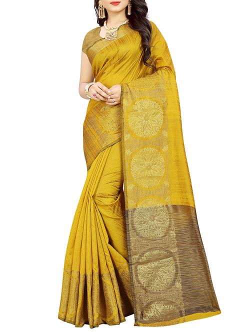 floral zari border mustard woven saree with blouse - 15945599 - Very Small Image - 1
