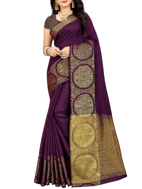 floral zari border purple woven saree with blouse - 15945600 - Very Small Image - 1