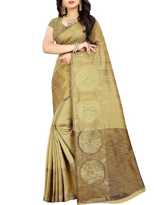 floral zari border beige woven saree with blouse - 15945601 - Very Small Image - 1