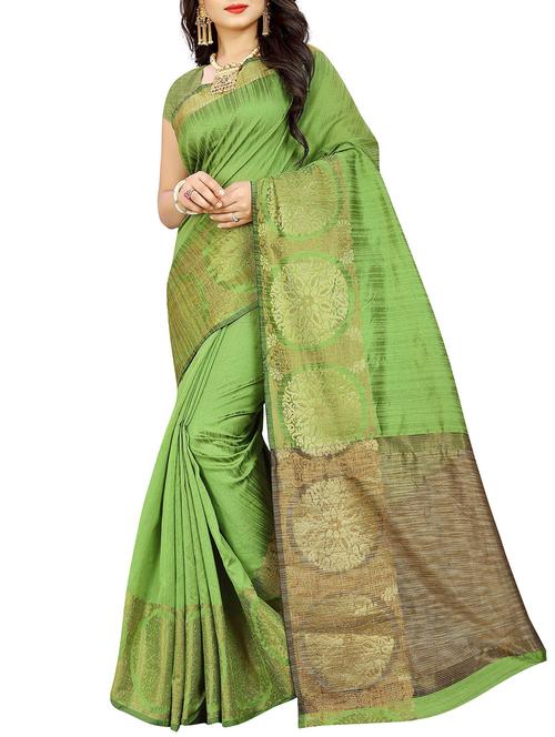 floral zari border green woven saree with blouse - 15945603 - Very Small Image - 1
