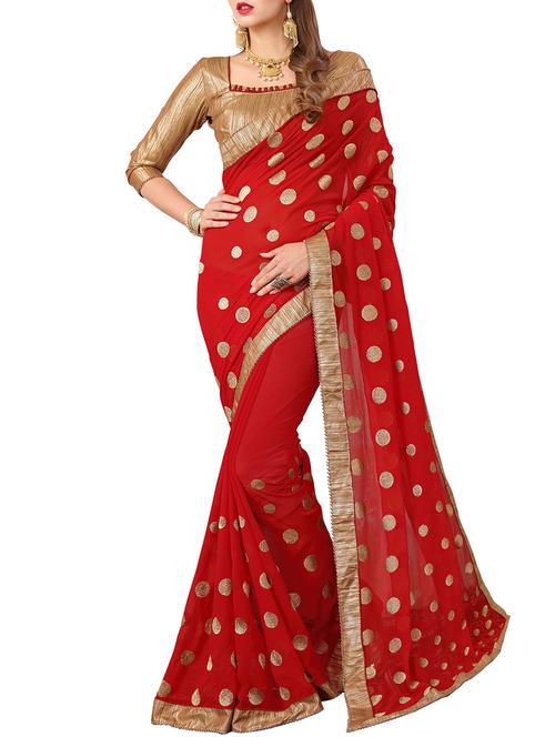 polka dots red embroidered saree with blouse - 15945614 - Very Small Image - 1