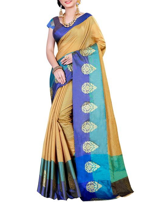 striped zari motif beige woven saree with blouse - 15946097 - Very Small Image - 1