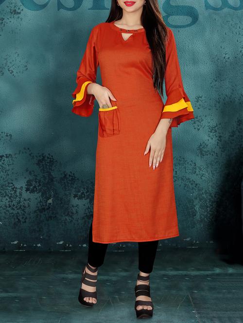 straight bell sleeves solid kurta - 15947397 - Very Small Image - 1