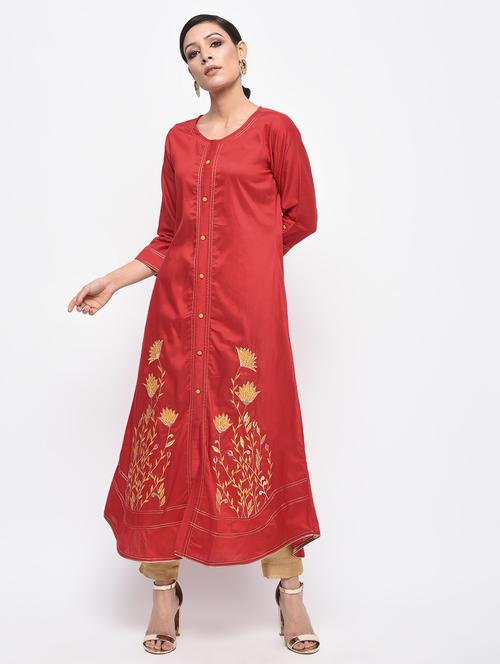 embroidered silk a-line kurta - 15947450 - Very Small Image - 1