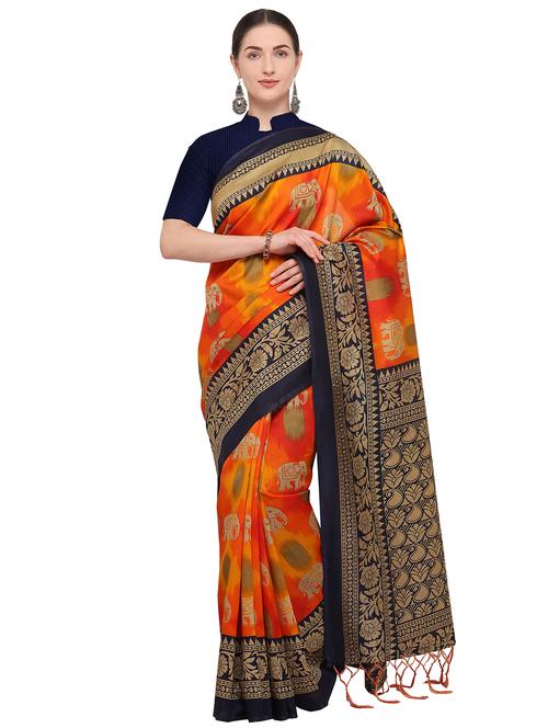 kalamkari printed orange mysore silk saree with blouse - 15947499 - Very Small Image - 1