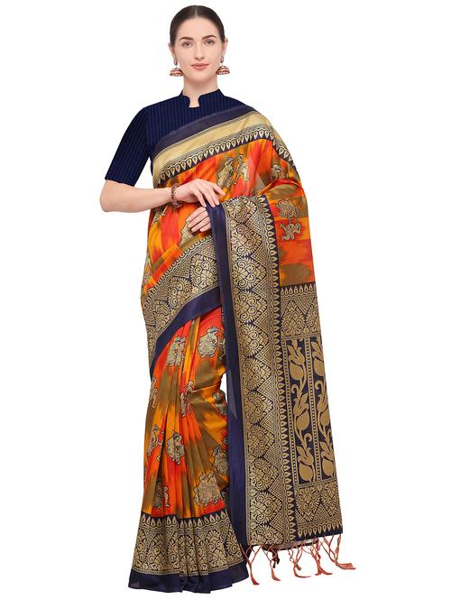 kalamkari printed orange mysore silk saree with blouse - 15947502 - Very Small Image - 1