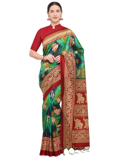 kalamkari printed turquoise mysore silk saree with blouse - 15947505 - Very Small Image - 1