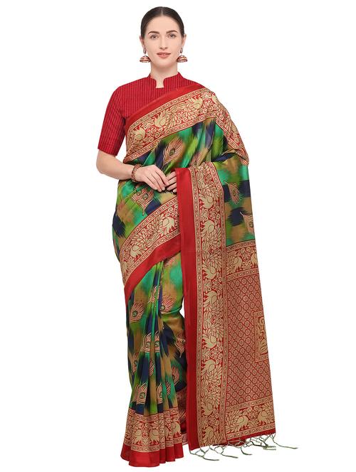 kalamkari printed turquoise mysore silk saree with blouse - 15947506 - Very Small Image - 1