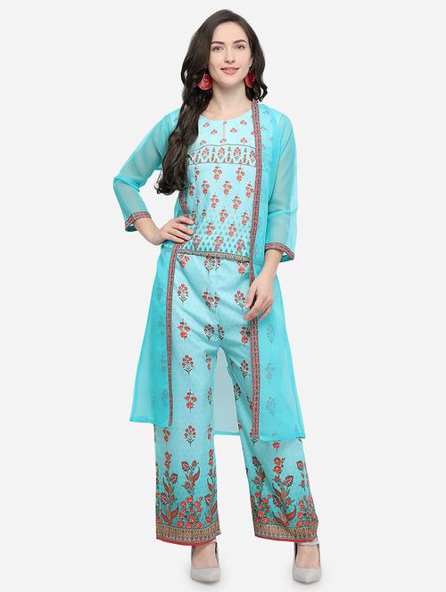 floral printed top pant with shrug suit set - 15947745 - Very Small Image - 1