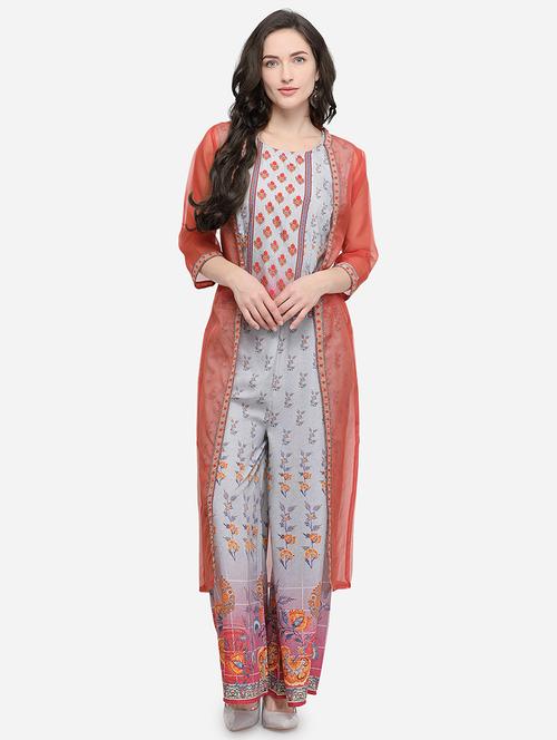 floral printed top pant with shrug suit set - 15947750 - Very Small Image - 1
