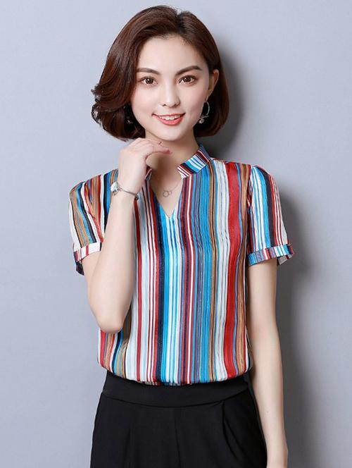 mandarin neck striped top - 15951116 - Very Small Image - 1