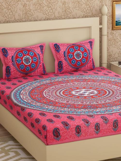 cotton ethnic printed double bed sheet with 2 pillow covers - 15951471 - Very Small Image - 1