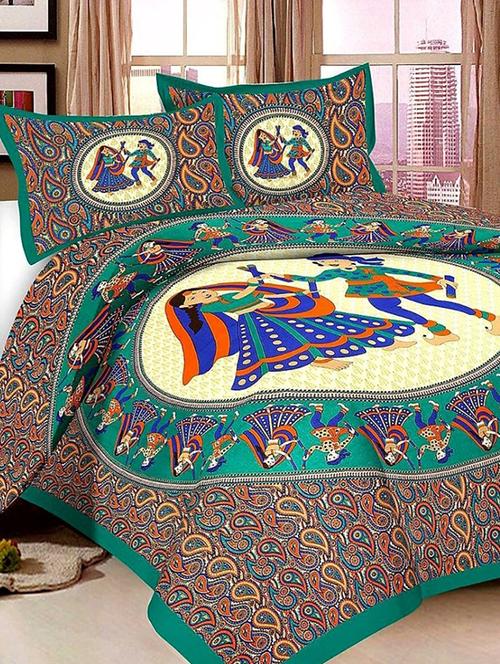 cotton ethnic printed double bed sheet with 2 pillow covers - 15951475 - Very Small Image - 1