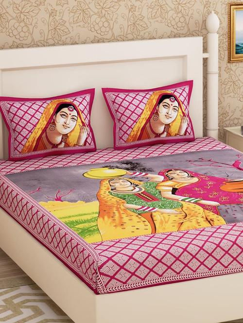 cotton ethnic printed double bed sheet with 2 pillow covers - 15951476 - Very Small Image - 1