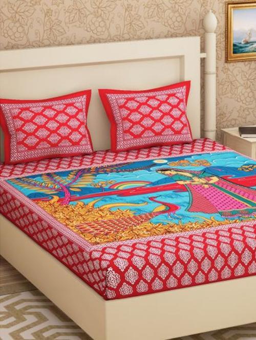 cotton ethnic printed double bed sheet with 2 pillow covers - 15951482 - Very Small Image - 1