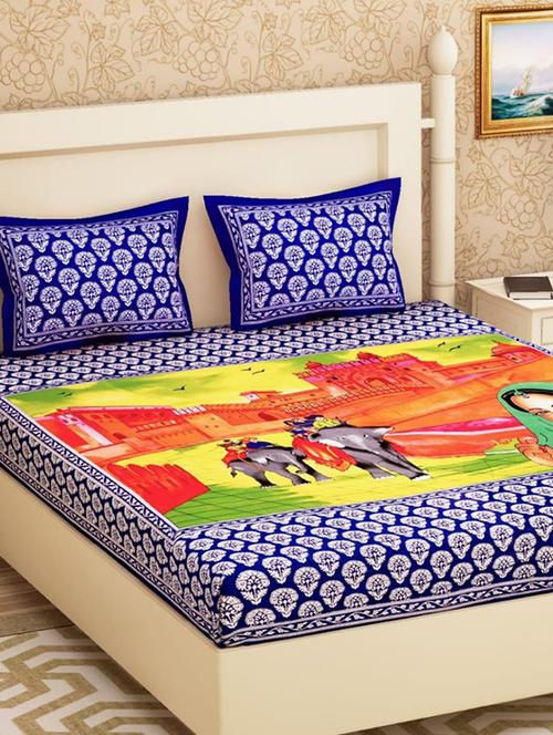 cotton ethnic printed double bed sheet with 2 pillow covers - 15951488 - Very Small Image - 1