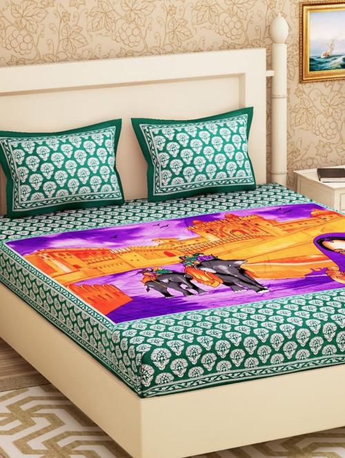 cotton ethnic printed double bed sheet with 2 pillow covers - 15951489 - Very Small Image - 1
