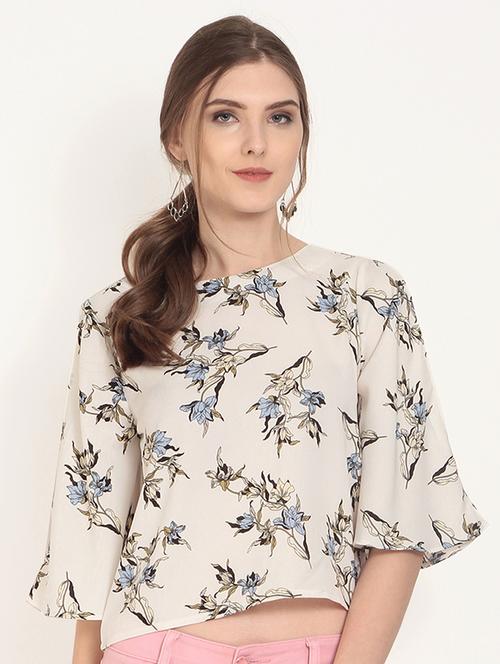 flared sleeved floral tie back top - 15951556 - Very Small Image - 1