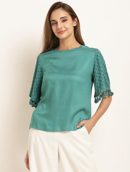 tasseled edge schiffli sleeved top - 15951640 - Very Small Image - 1