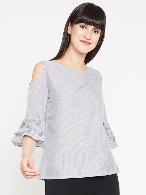 embroidered bell sleeved cold shoulder top - 15951653 - Very Small Image - 1