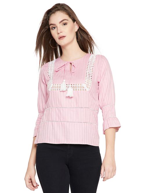 lace insert tie up neck top - 15951666 - Very Small Image - 1