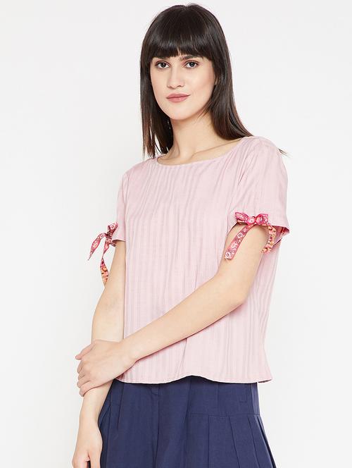 tie up detail self striped top - 15951690 - Very Small Image - 1