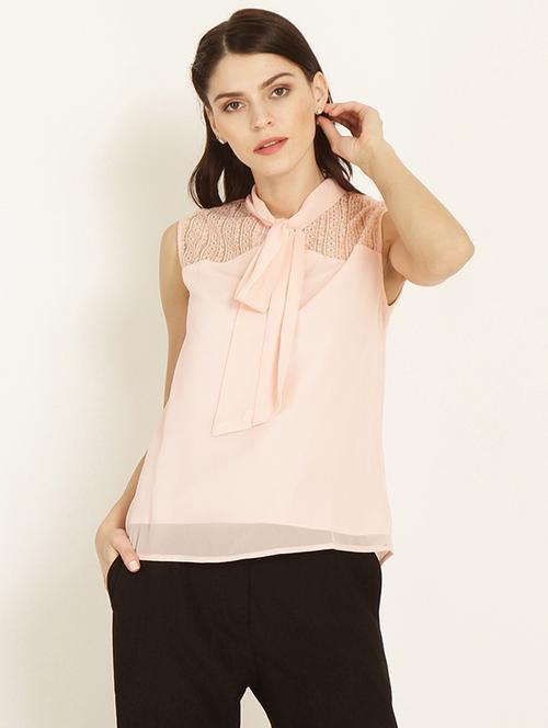 lace panel yoke tie up neck top - 15951692 - Very Small Image - 1