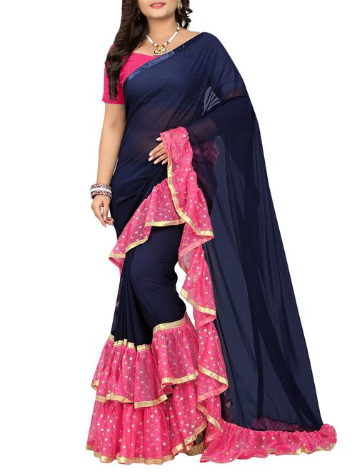 contrast ruffle lace border navy blue saree with blouse - 15953108 - Very Small Image - 1